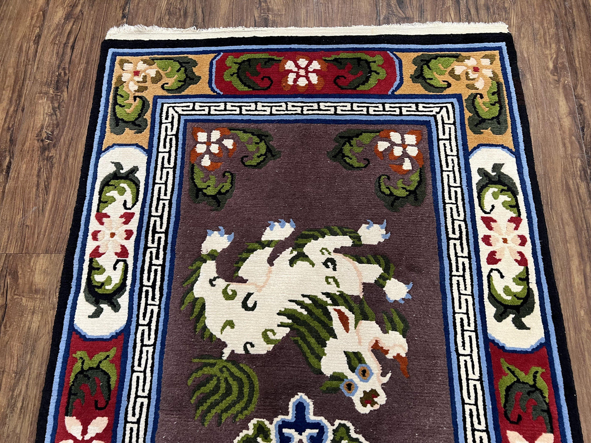 Chinese Art Deco Rug 3 x 5.5 with Animal Pictorials, Vintage Chinese Peking Wool Area Rug, Dark Puce Maroon Ivory, Hand Knotted Soft Carpet - Jewel Rugs, view 4