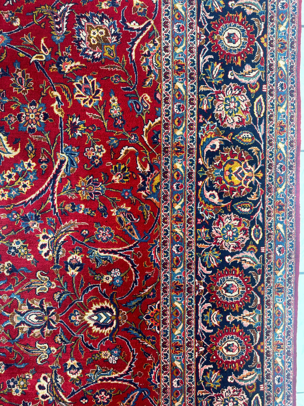 Persian Kashan Rug 10x14 | Red, Navy & Ivory | Hand-Knotted Wool - Rugistan, view 9