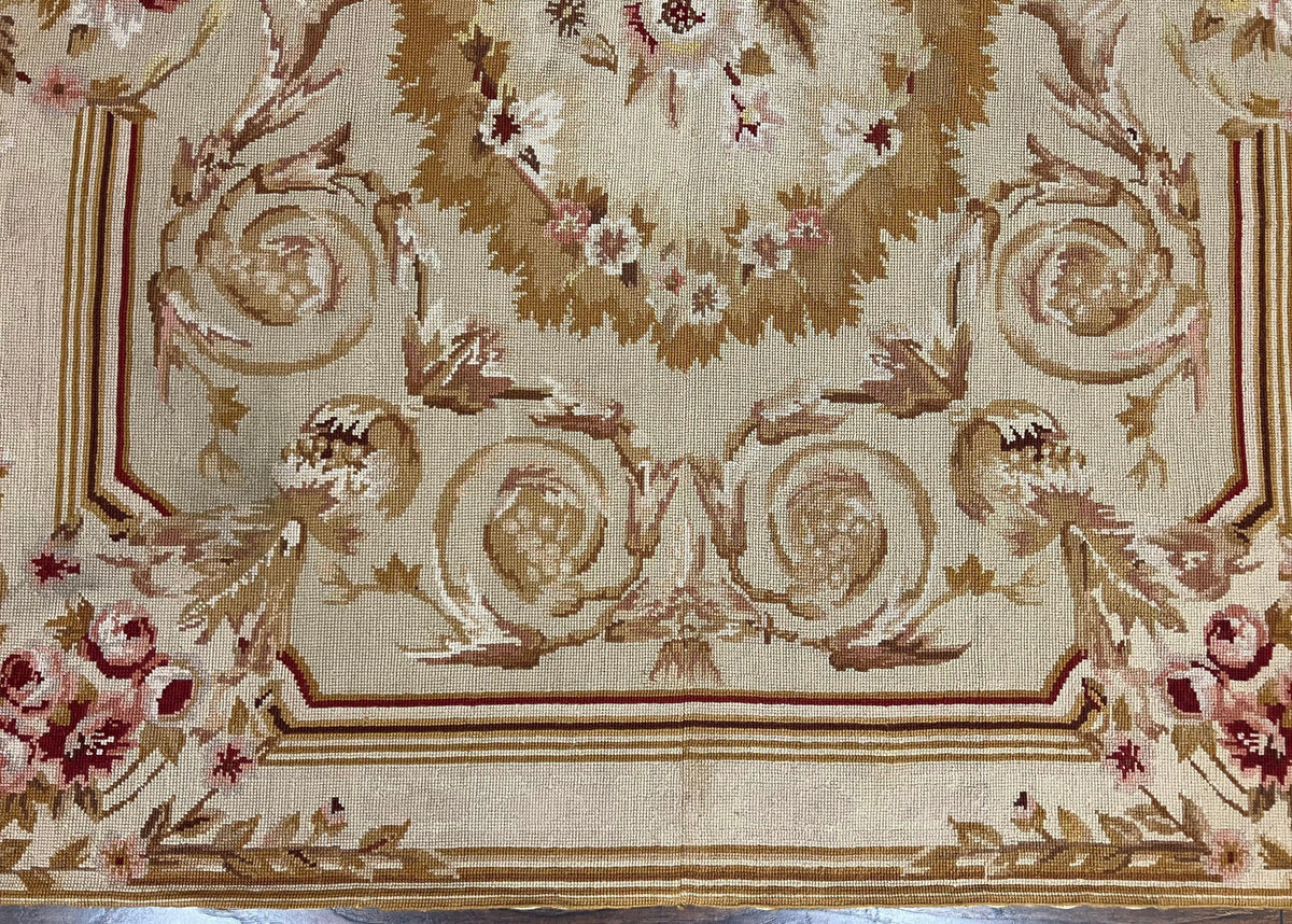 Aubusson Needlepoint Rug 4x5 ft, Beige and Tan, Aubusson Savonnerie Vintage Carpet, Handwoven Handmade Wool Rug, European Design Floral Rose - Jewel Rugs, view 6