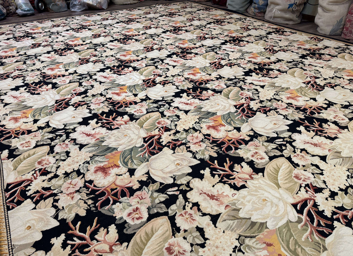 Palace Size Needlepoint Rug 13x17, Extra Large Wool Floral Handmade Carpet, European Design, Botanical - Jewel Rugs, view 13