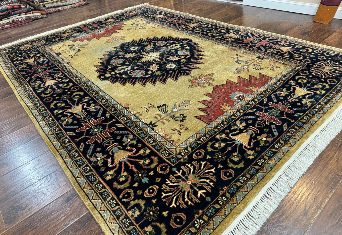 Indo Persian Heriz Rug 8x12, Camel Hair Tan and Navy Blue, Decorative - Jewel Rugs, view 13