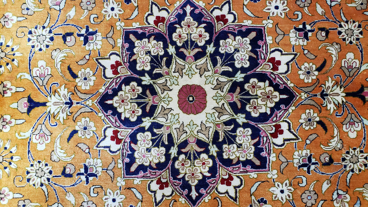 Vintage Persian Qum Silk Rug 4.6 x 6.7, Burnt Orange and Navy Blue, Antique Oriental Very Fine Signature Master Weaver 350+ KPSI Ghom Qom 5x7 Rug - Jewel Rugs, view 4