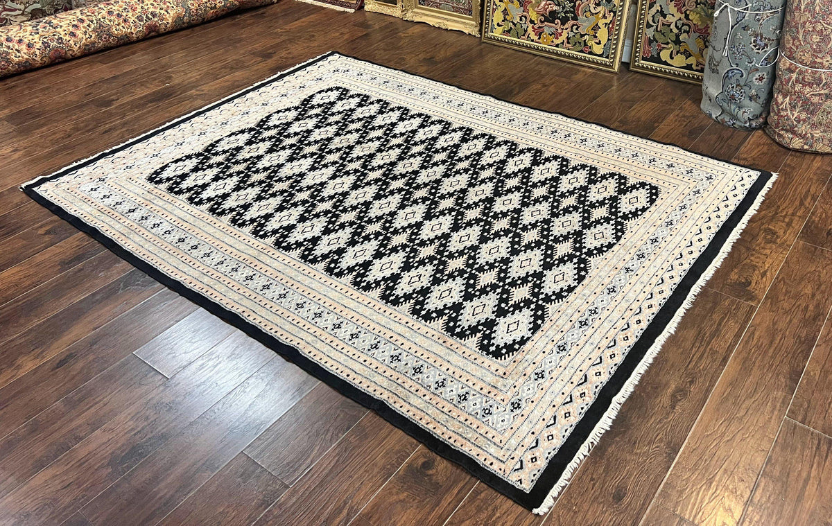 Pakistani Bokhara Rug 6x9, Hand Knotted Vintage Wool Carpet with Silk Highlights, Very Fine 320 KPSI, Medium Size - Jewel Rugs, view 3
