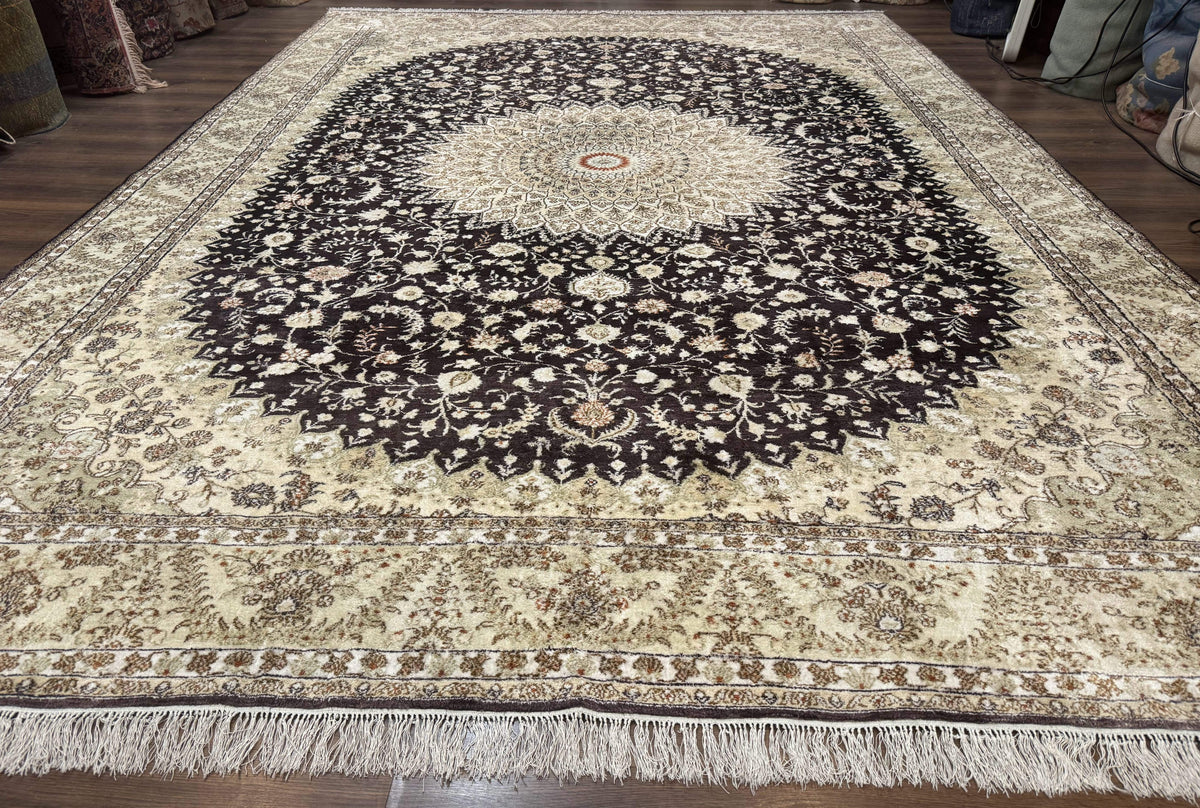 Indian Kashmiri Silk Rug 10x14, Floral Medallion - Jewel Rugs