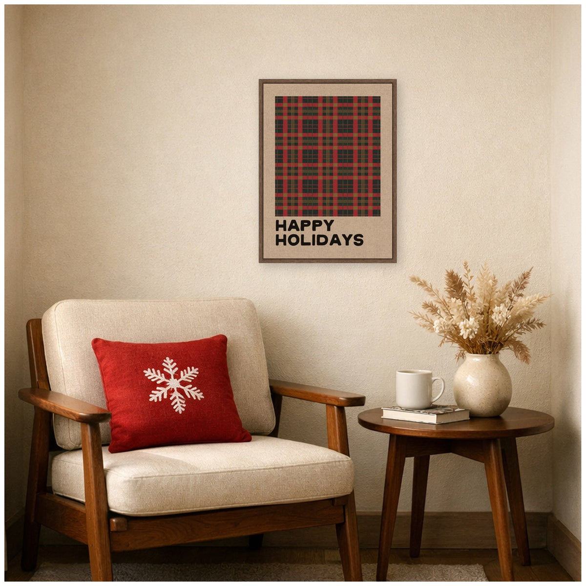 Holiday Plaid Neutral Linen by Kikiandnim Framed Canvas Wall Art Print