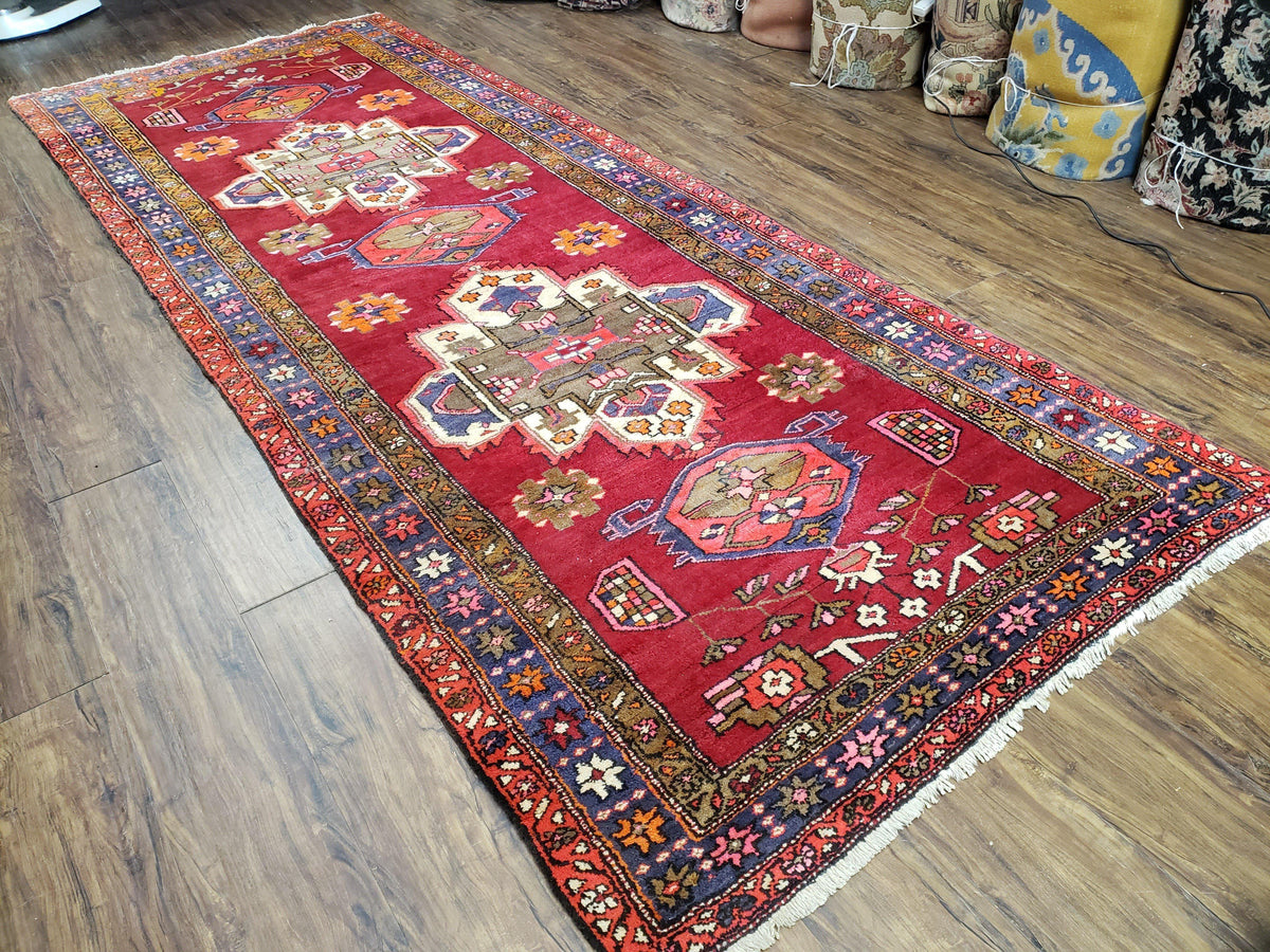 Antique Persian Karajeh Runner Rug 4.4 x 11 ft, Red Colorful Geometric Medallion Runner - Jewel Rugs, view 3