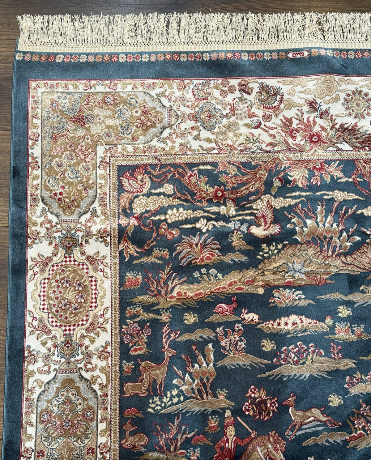 Turkish Silk Hunting Design Rug 4x6, Dark Steel Blue & Ivory, Bamboo Silk, New - Jewel Rugs, view 6