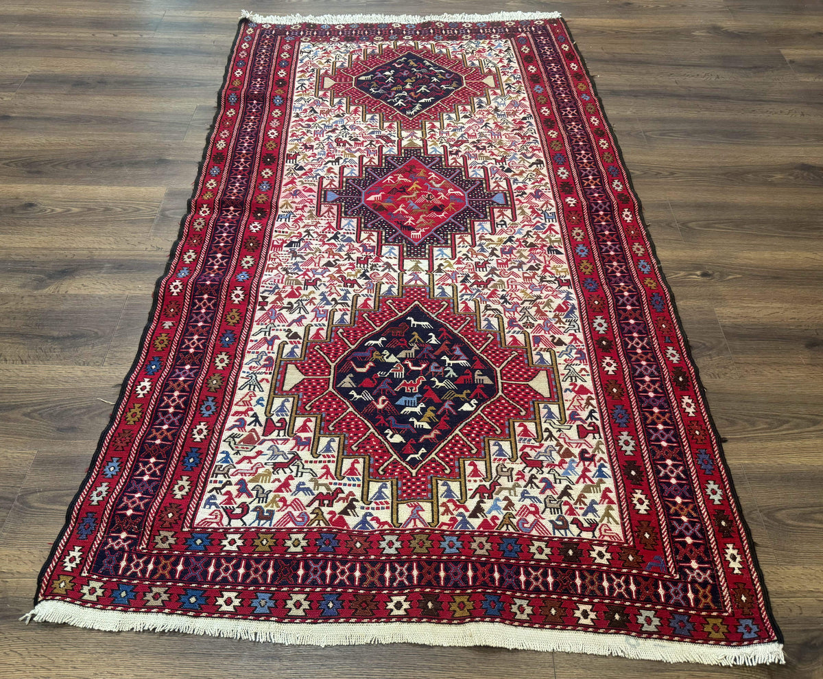 Persian Soumak Kilim Rug 4x6, Triple Medallions Tribal Pictorials, Caucasian Azerbaijani Kilim - Jewel Rugs, view 2