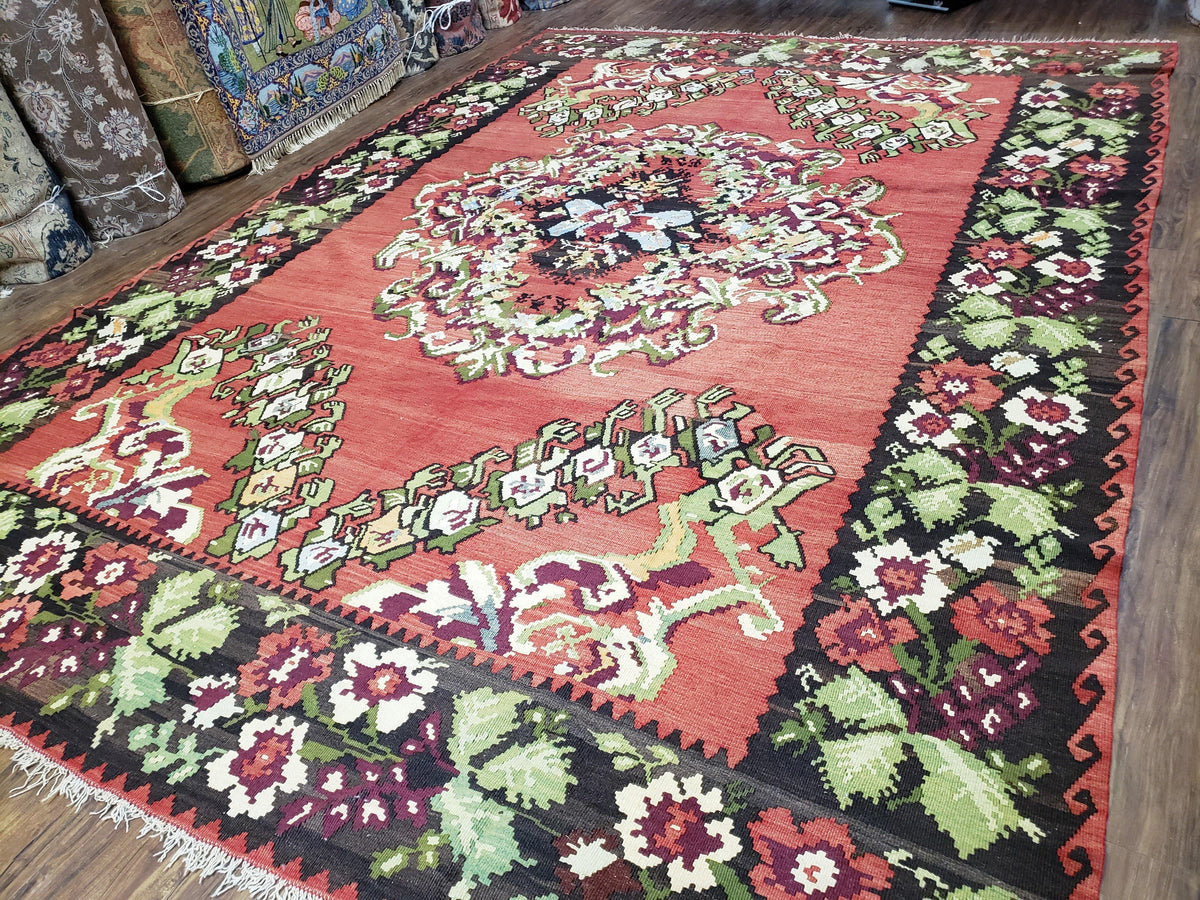 Karabakh Rug 8x11, Caucasian Kilim Rug, Vintage Antique Turkish Anatolian Azerbaijani Carpet, Wool Red & Black Hand-Woven 8 x 11 Living Room - Jewel Rugs, view 3