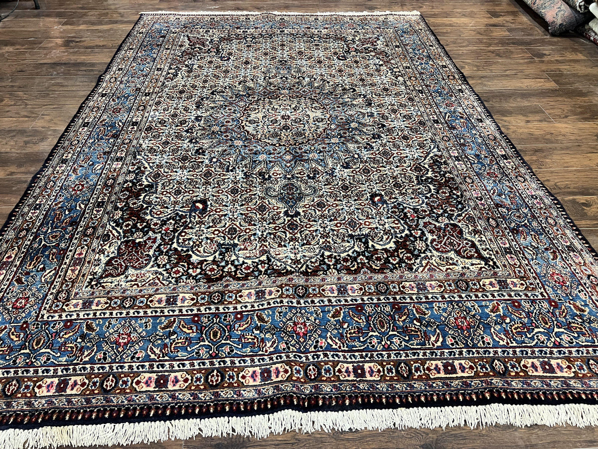 Persian Mashad Rug 7x10, Floral Medallion, Wool Hand Knotted Vintage Oriental Carpet, Blue & Ivory, Traditional Room Sized Rug - Jewel Rugs