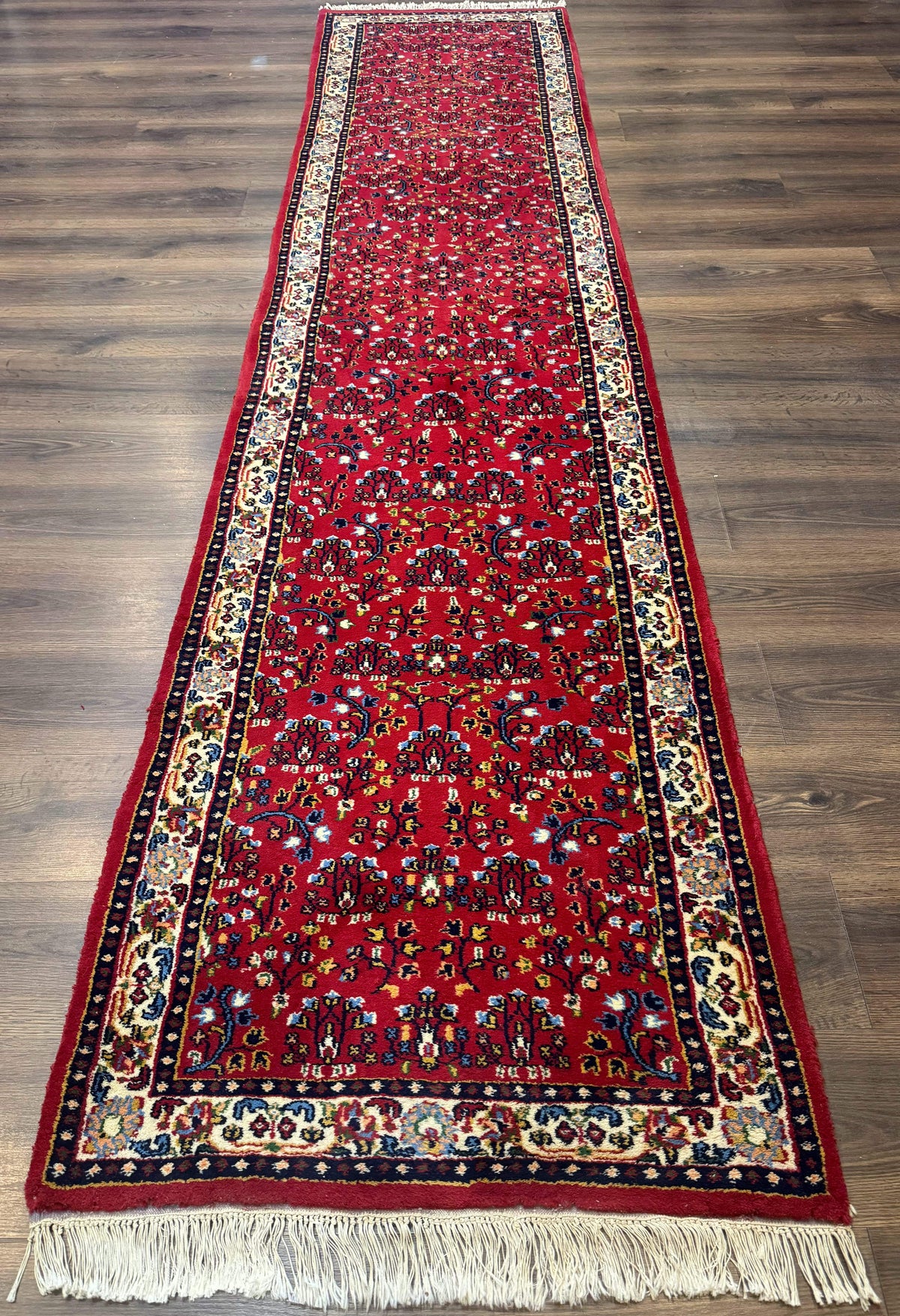 Indo Persian Sarouk Runner Rug 3 x 12, Red and Cream, Allover Pattern, 12ft Runner, Hand Knotted - Jewel Rugs, view 13
