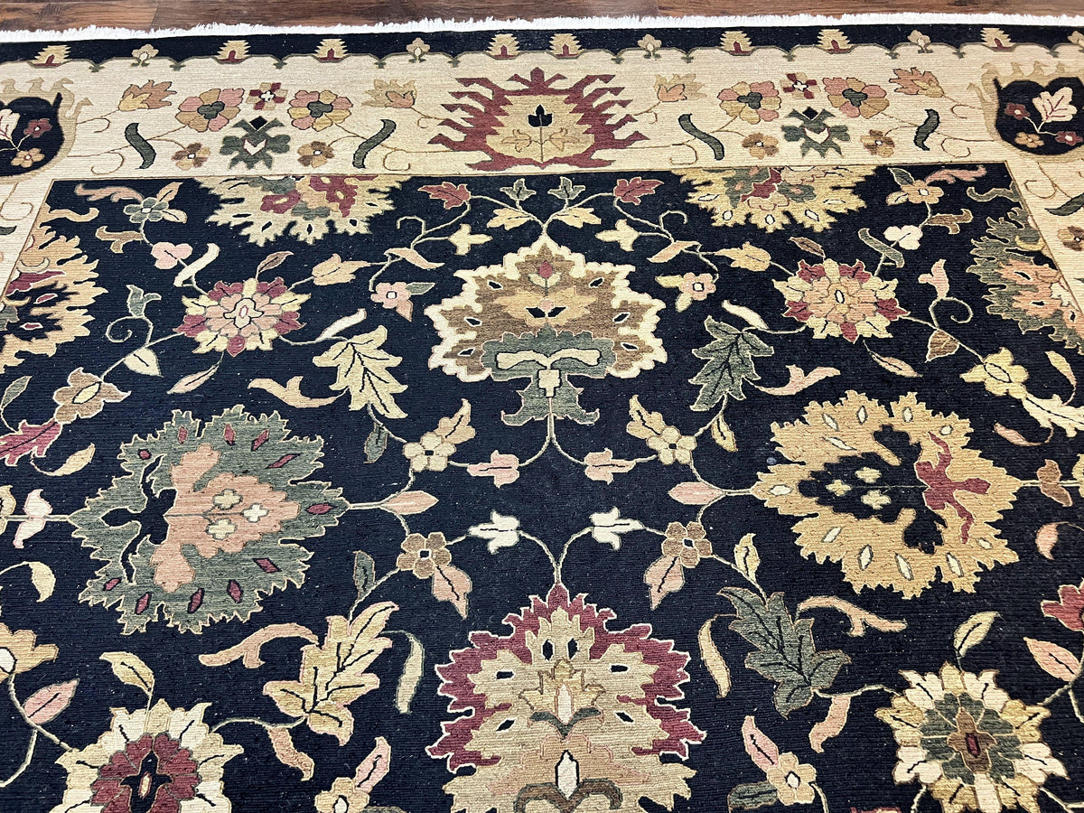 Indo Persian Rug 10x14, Wool Handmade Room Sized Floral Oriental Carpet, Indian Mahal Flatweave Rug, Black Beige - Jewel Rugs, view 4