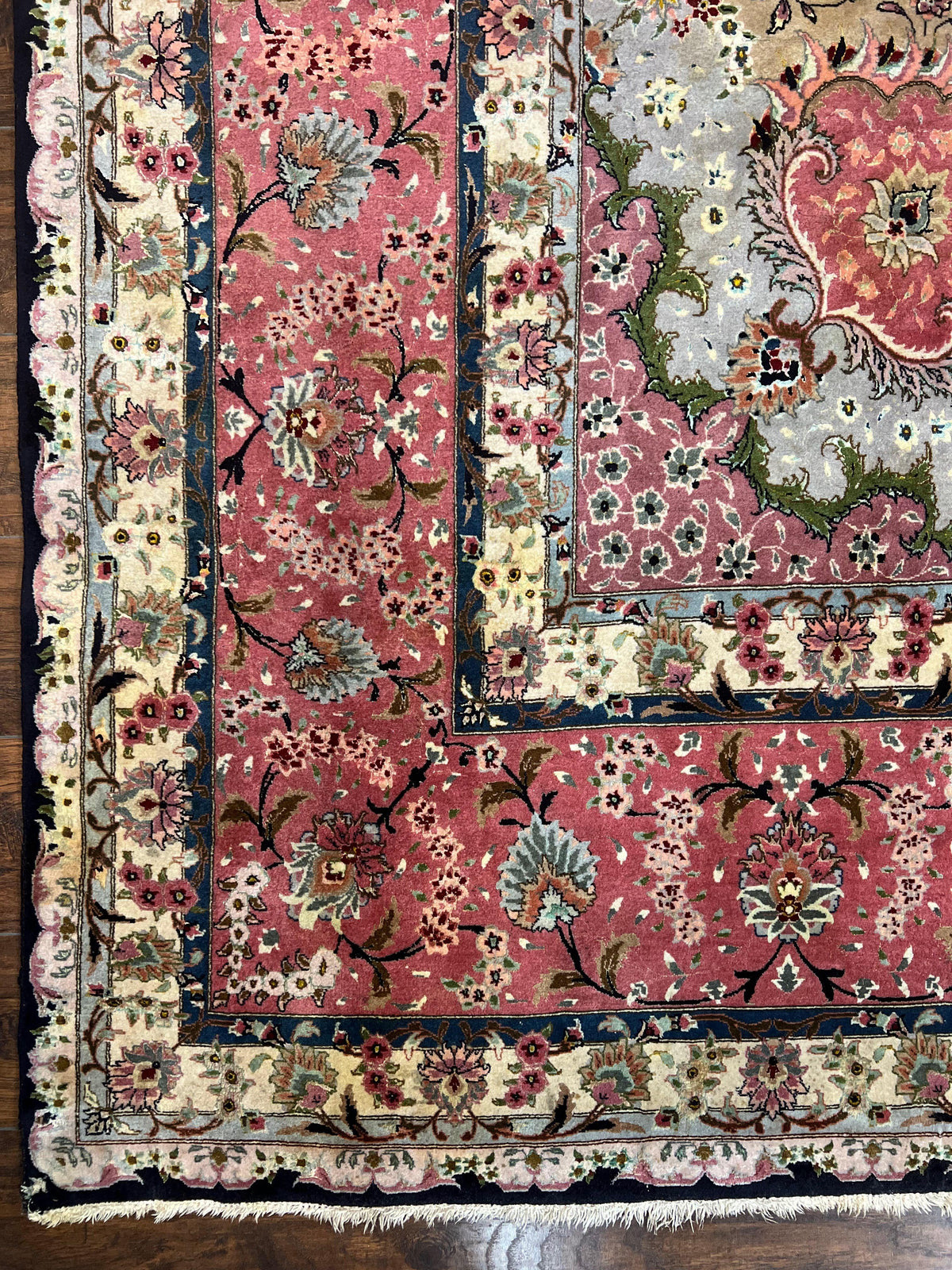Magnificent Persian Tabriz Rug 11x16, Oversized Persian Carpet 11 x 16 ft, Wool on Silk Finely Hand Knotted, 450 KPSI, Floral Medallion, Black Pink - Jewel Rugs, view 8