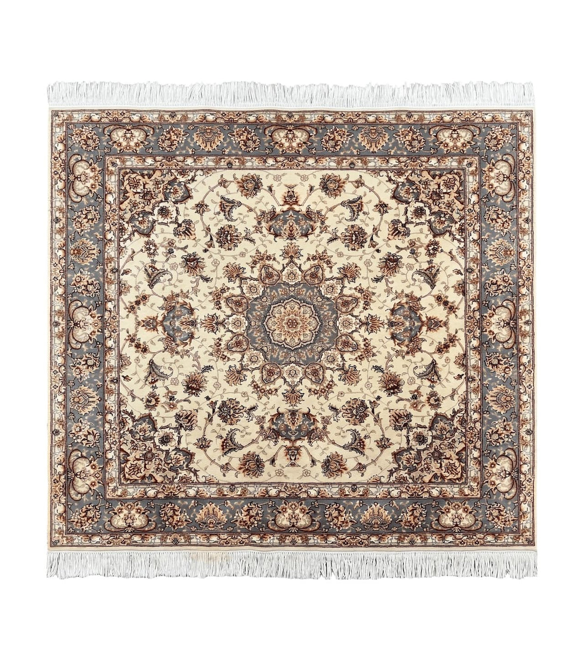 Sino Persian Square Rug 5x5, Very Fine Oriental Carpet, Wool & Silk Highlights, Ivory, Hand Knotted Handmade Vintage Traditional Rug - Jewel Rugs