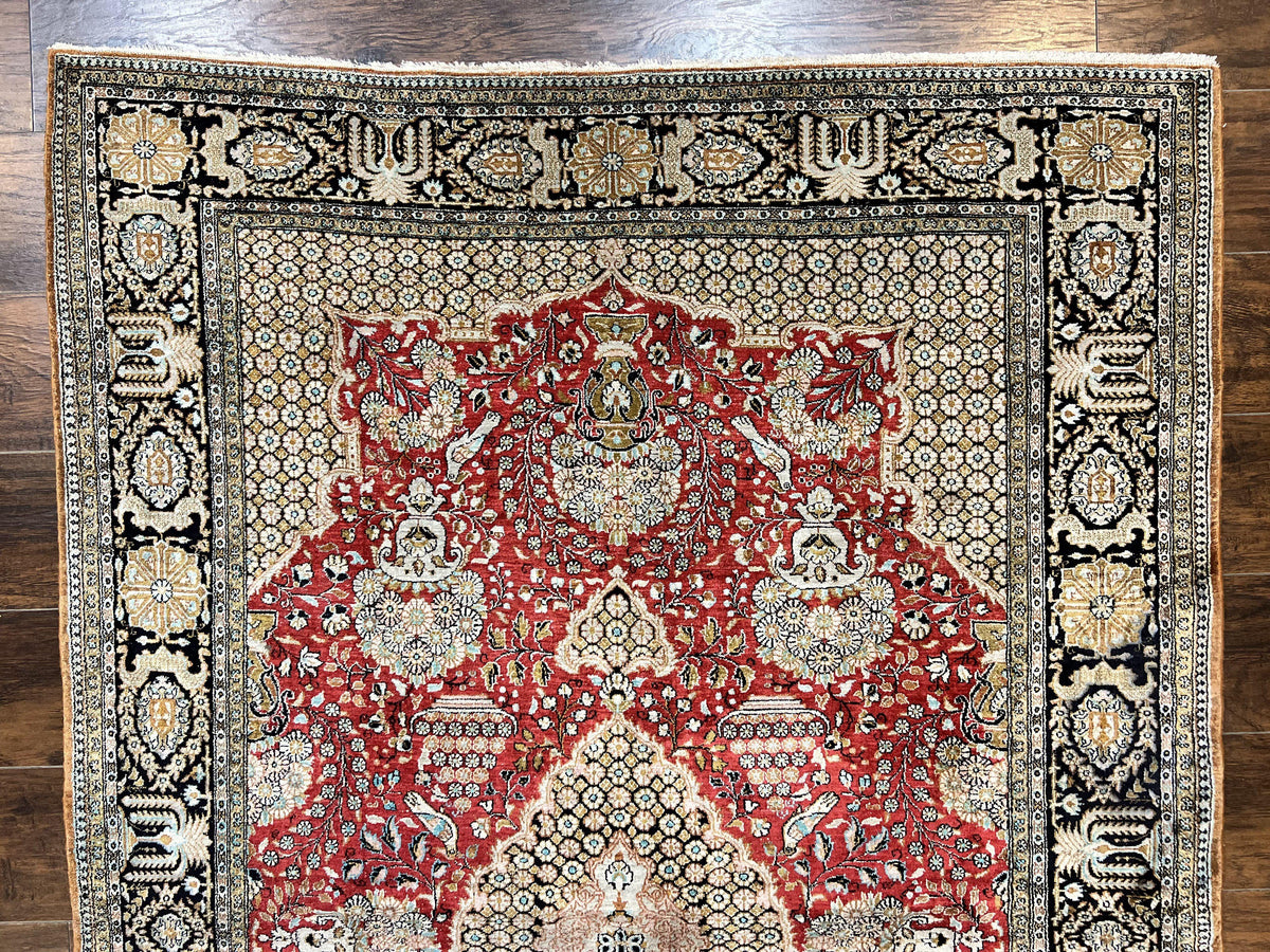 Wonderful Persian Silk Rug 5x7, Birds Floral Vases, Red, Hand Knotted Silk Fine Oriental Carpet, Handmade Vintage, Persian Qum Rug, 400 KPSI - Jewel Rugs, view 3
