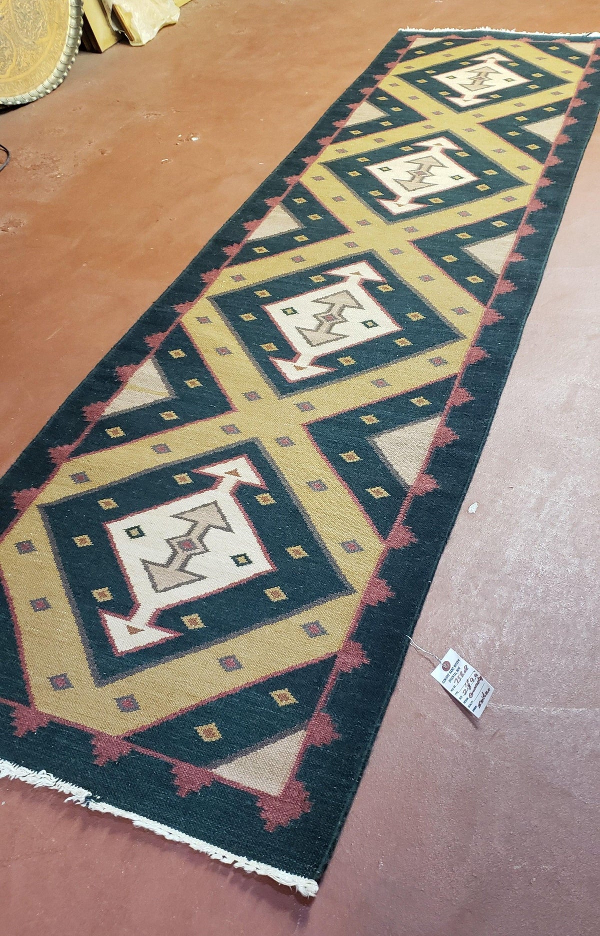 Vintage Indian Kilim Runner Rug, Geometric Flatweave Hand-Knotted Wool Kitchen Hallway Runner, Black Gold & Beige, 2' 8" x 9' 9" - Jewel Rugs, view 3