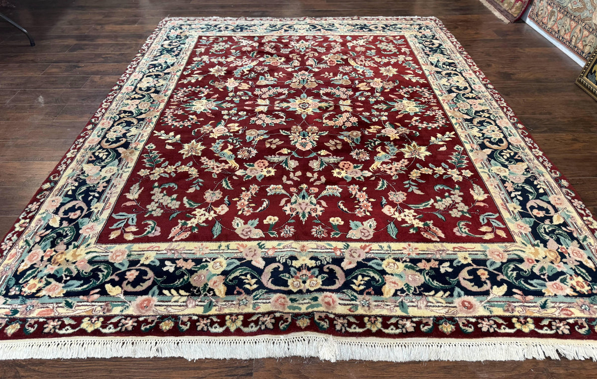 Indo Persian Rug 8x10, Floral Allover with Bird Pictorials, Maroon and Navy Blue, Handmade Wool Area Rug - Jewel Rugs, view 2
