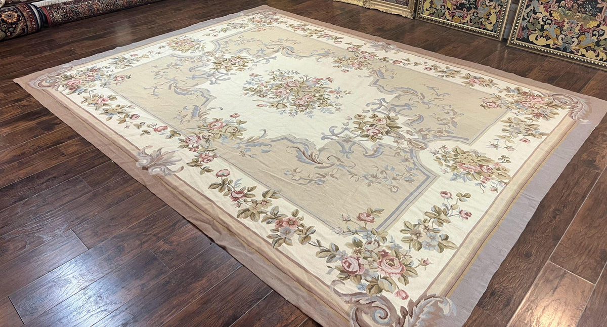 Aubusson Needlepoint Rug 9x12, VIntage Handmade Wool Beige Floral European Elegant Rug 9 x 12, Floral Roses - Jewel Rugs, view 3