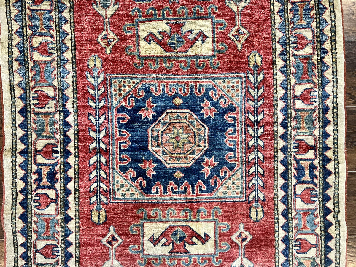 Turkish Kazak Rug 3x4, Wool Hand Knotted Small Vintage Carpet, Red Navy Blue, 3 x 4 Oriental Rug, Geometric Design - Jewel Rugs, view 5