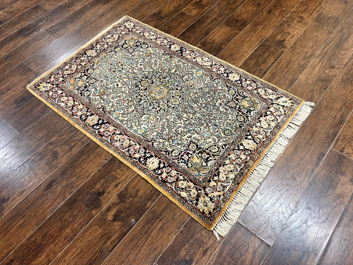 Silk Persian Qum Rug 4x5, Hand Knotted Vintage Carpet, Cream & Navy Blue, Silk Pile on Silk Foundation, Very Fine 360 KPSI - Jewel Rugs, view 12