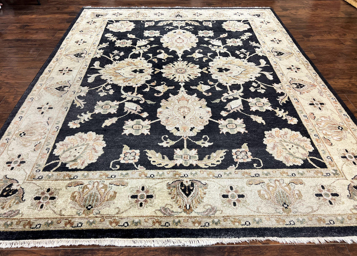 Indo Mahal Rug 8x10, Black and Beige, Vintage Rug 8 x 10 ft, Floral, Handmade Wool Carpet - Jewel Rugs, view 2