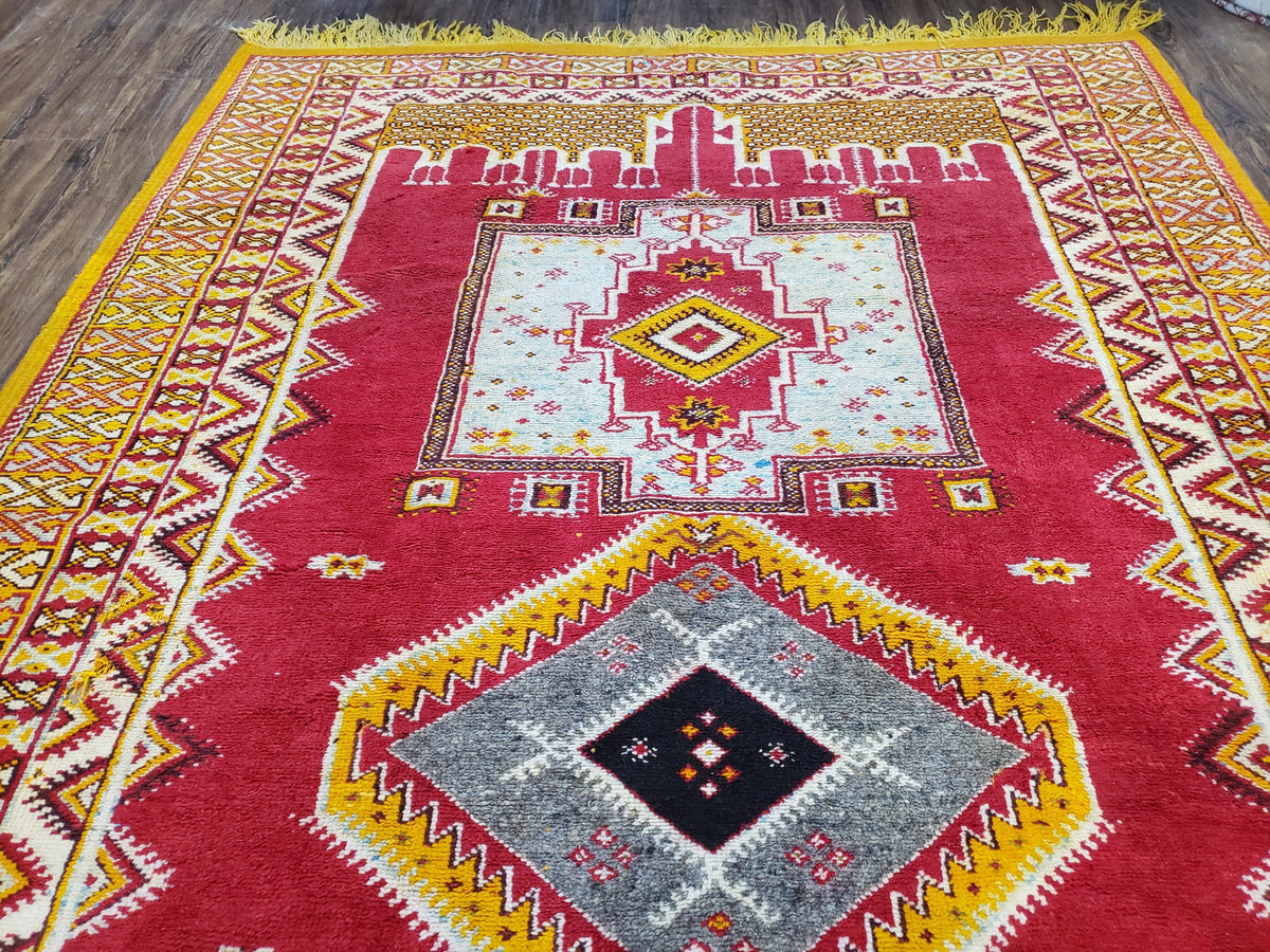 Vintage Moroccan Rug 6x10, Red and Yellow Moroccan Carpet, Handmade Bohemian Tribal Area Rug, Hand-Knotted 1970s Wool Rug, Medalions - Jewel Rugs, view 12