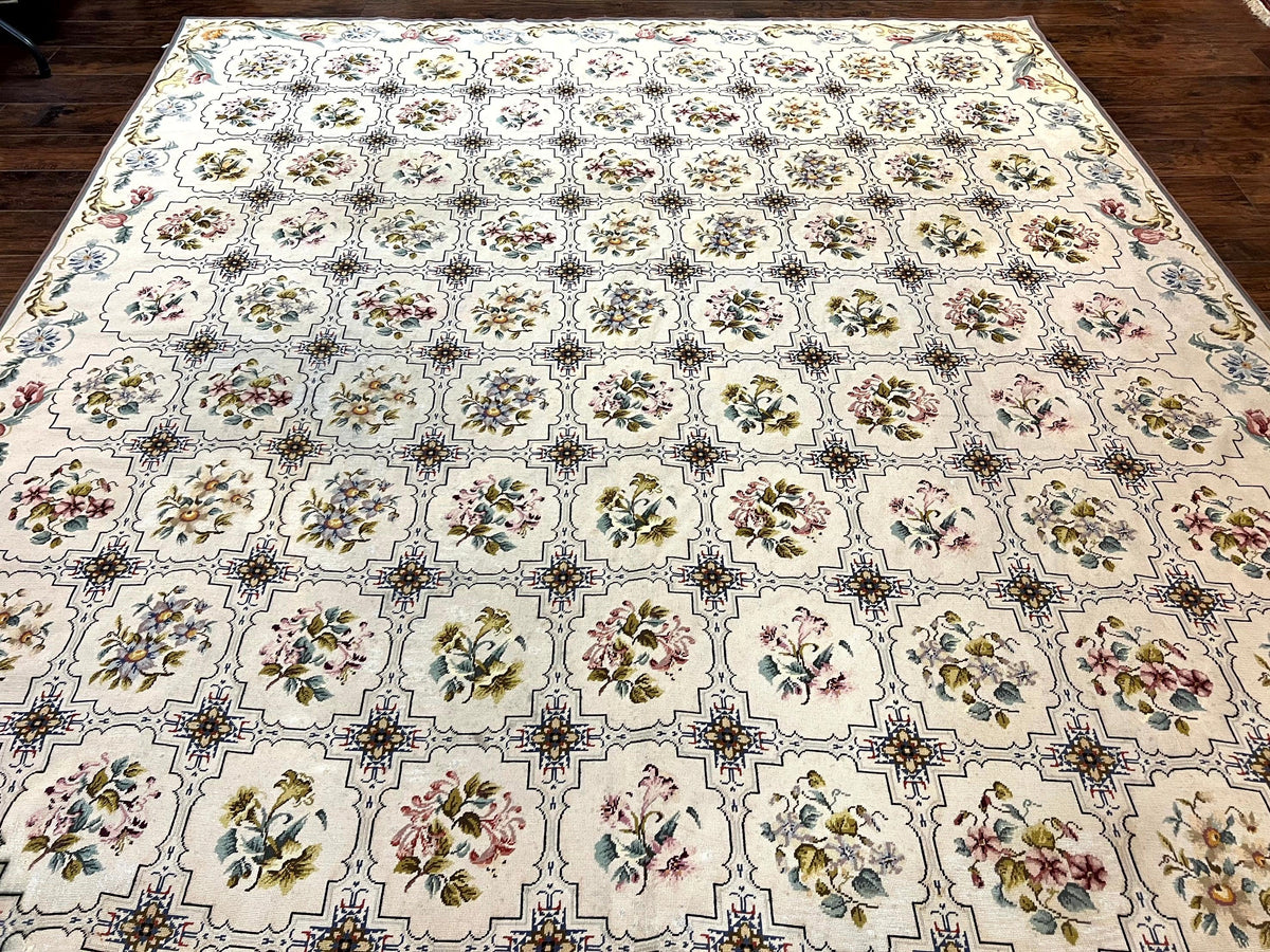 Needlepoint Rug 10x14, Wool Handmade Vintage Needlepoint Carpet, Floral Panel Design, Ivory/Cream - Jewel Rugs, view 4