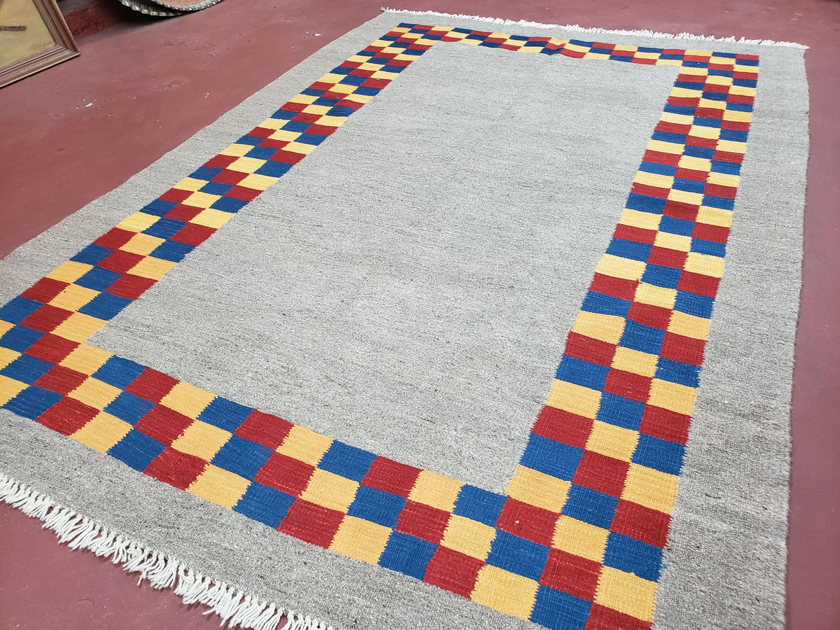 New Turkish Kilim Area Rug, Gray Carpet With Colorful Checker Border, 5'6" x 8", Flatweave Carpet, Playroom Rug, Kids Room Rug, Hand-Knotted - Jewel Rugs, view 9