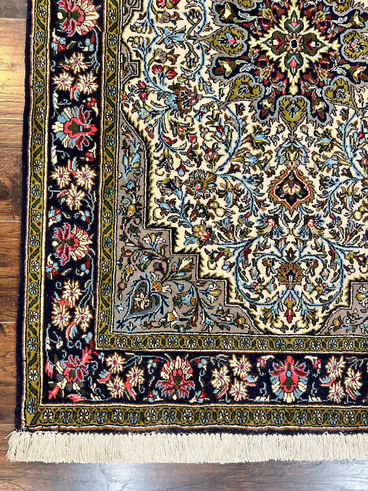 Persian Qum Rug 3x5, Wool with Silk Highlights, Handmade Semi Antique Carpet, Ivory & Navy Blue, Floral Medallion, Finely Hand Knotted - Jewel Rugs, view 8