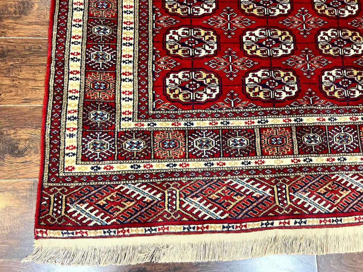 Pakistani Bokhara Rug 4x6, Red Turkoman Carpet, Finely Hand Knotted, Wool Vintage Rug - Jewel Rugs, view 9
