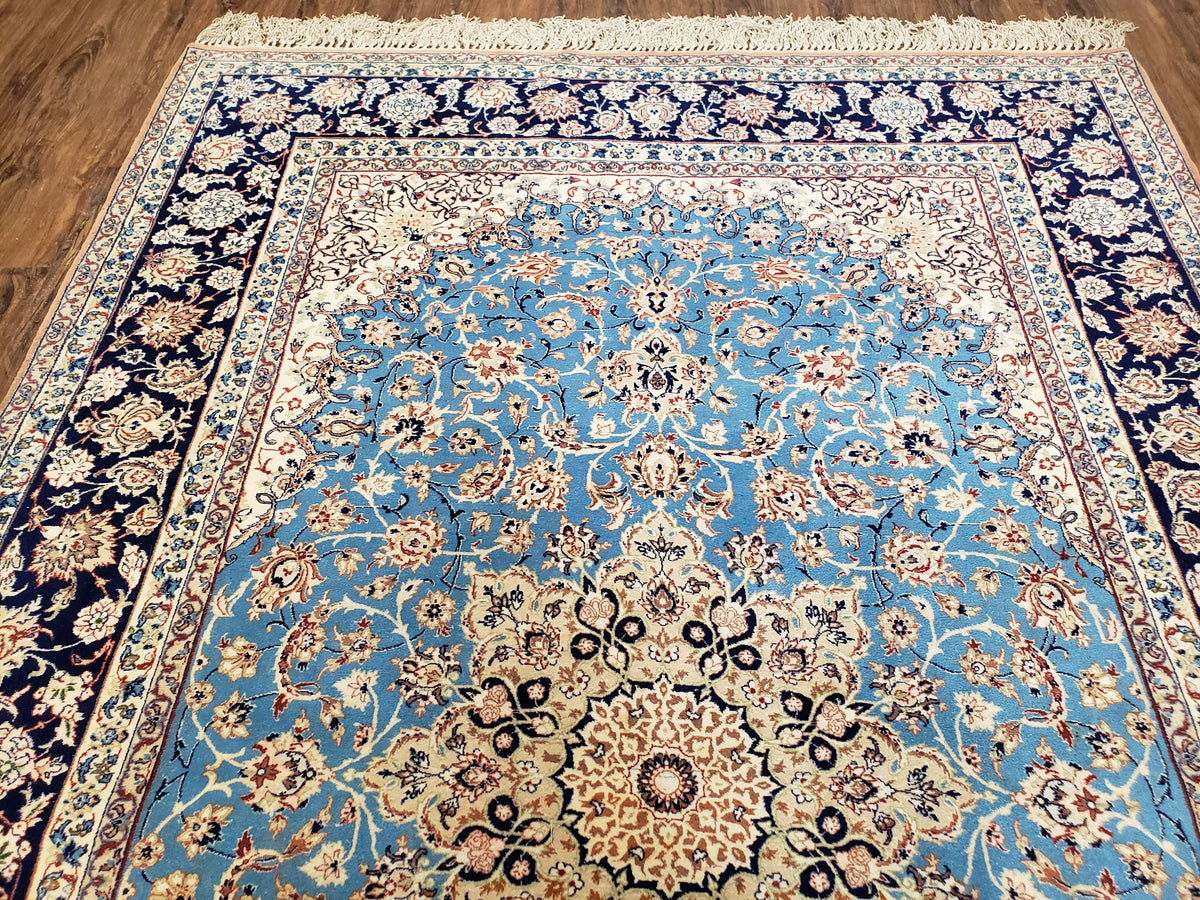 Persian Isfahan Rug, Kork Wool on Silk Foundation, Sky Blue, Hand-Knotted, 5' 1" x 7' 8" - Jewel Rugs, view 13