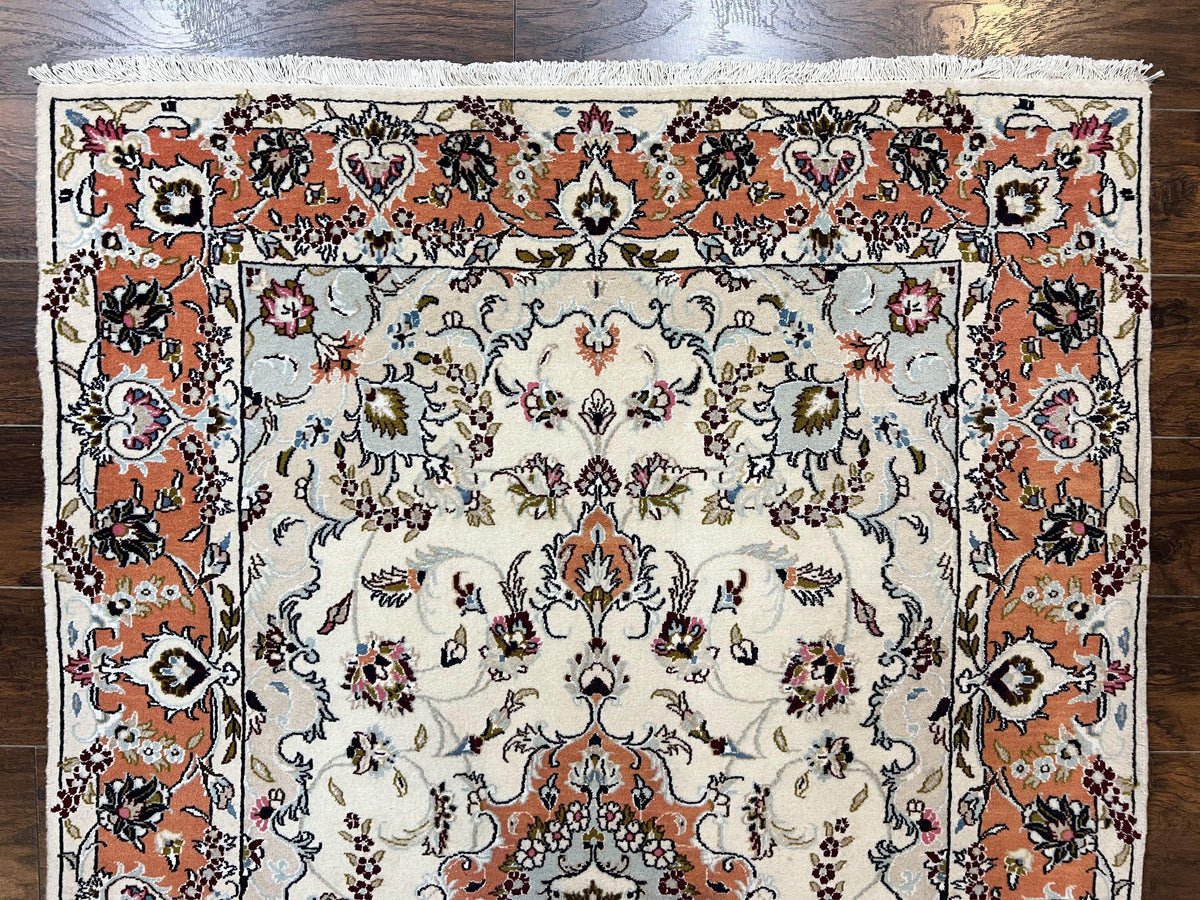 Persian Tabriz Rug 4.5 x 6.8, Finely Hand Knotted Wool with Silk Highlights Vintage Oriental Carpet, Cream and Salmon, High KPSI, Floral Medallion - Jewel Rugs, view 4