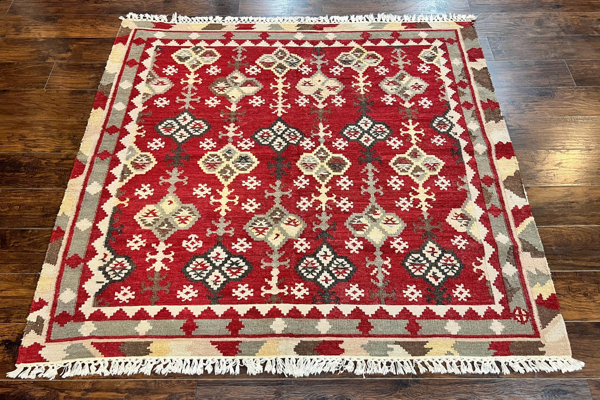 Indian Kilim Rug 6x6, Square Kilim Flatweave Carpet, Vintage Handmade Wool Rug, Red - Jewel Rugs, view 13
