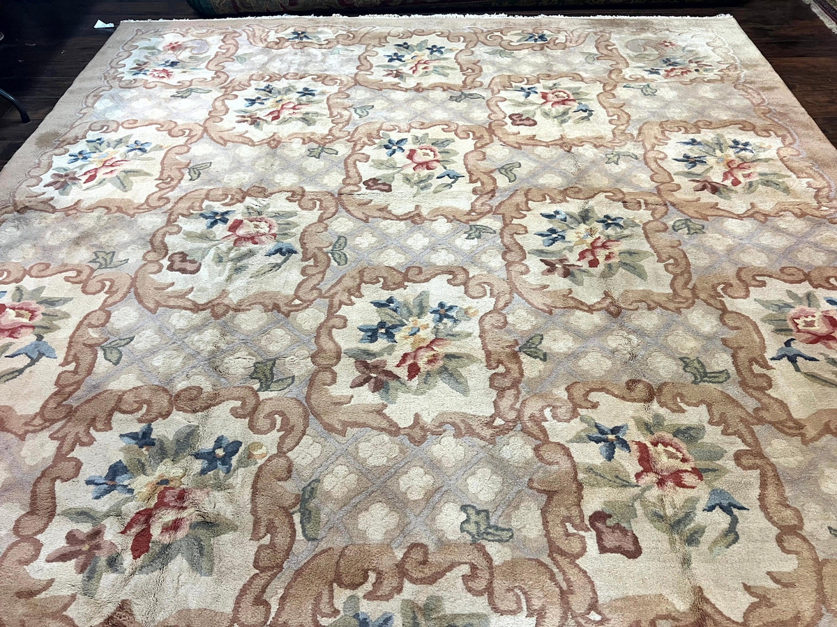 Indo Chinese Aubusson Wool Rug 11x16, Palace Sized Carpet, Oversized Handmade Vintage Rug, European Design - Jewel Rugs, view 13