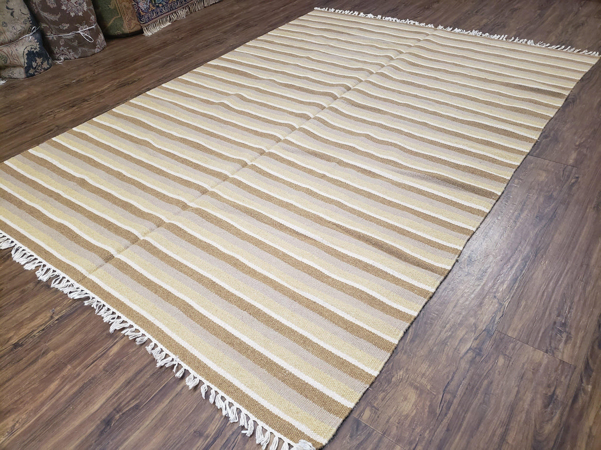 New Indian Striped Blanket, Multicolor Earthern Tones Kilim Rug, Wool Handmade South American Style Blanket, Queen Sized Bedspread 5x8 - 6x8 - Jewel Rugs, view 12