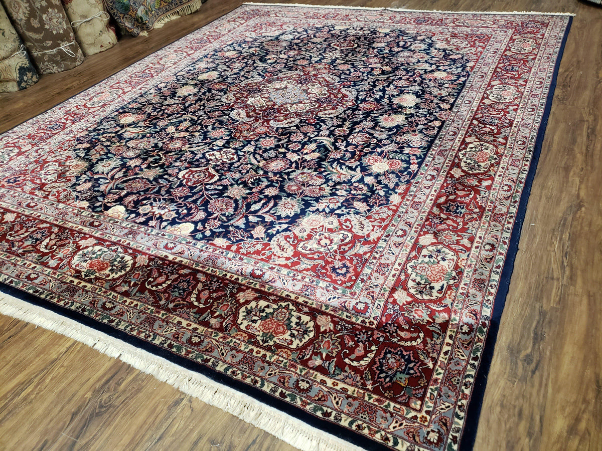 Vintage Dark Blue Persian Room Sized Rug 8x10, Wool & Silk Highlights Hand-Knotted Midnight Blue Red Floral Carpet, 8 x 10 Living Room Rug - Jewel Rugs, view 2