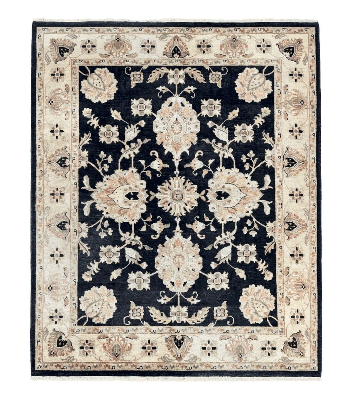 Indo Mahal Rug 8x10, Black and Beige, Vintage Rug 8 x 10 ft, Floral, Handmade Wool Carpet - Jewel Rugs