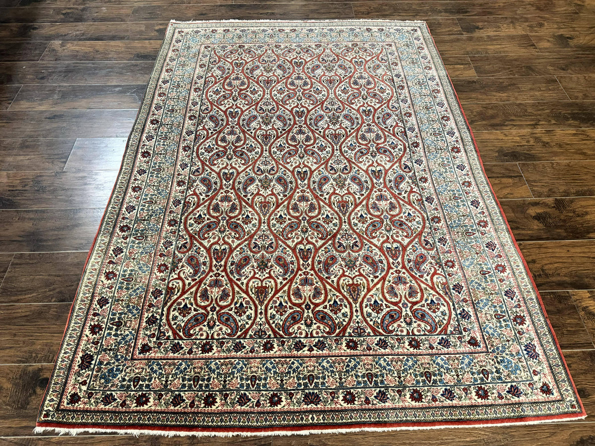 Unique Persian Qum Rug 5x7, Repeated Paisely Boteh Design, Ivory Red Blue, Handmade Antique Wool Persian Carpet, Finely Hand Knotted - Jewel Rugs, view 2