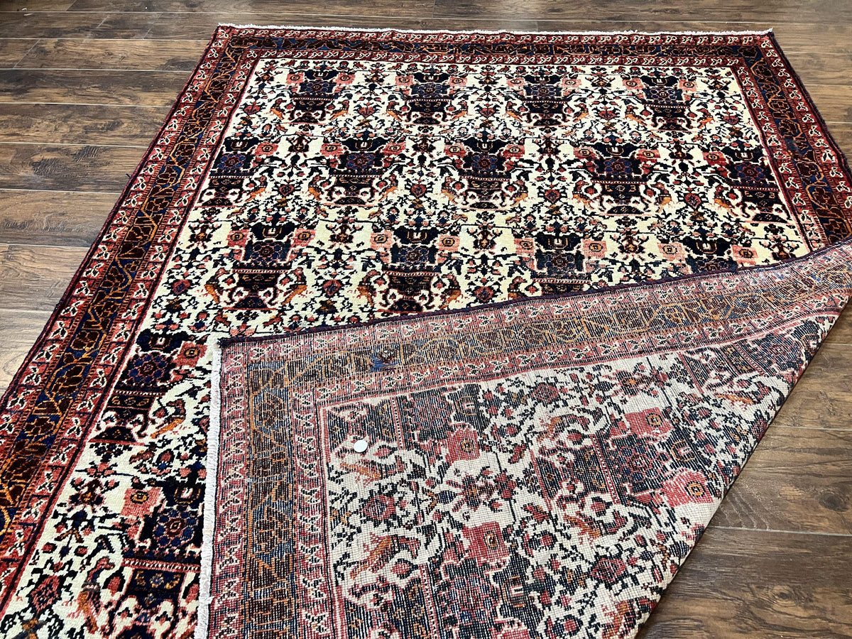 Persian Afshar Rug 6x8, Wool Hand Knotted Semi Antique Vintage Carpet, Floral Allover, Repeated Birds Flowers Vases Motifs - Jewel Rugs, view 12