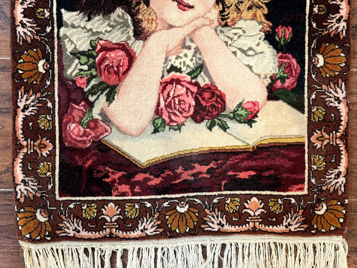 Small Persian Tabriz Pictorial Rug of Young Girl, Very Fine 380 KPSI, Portrait of Young Lady with Roses, Handmade, Persian Rug for Wall Hanging - Jewel Rugs, view 6