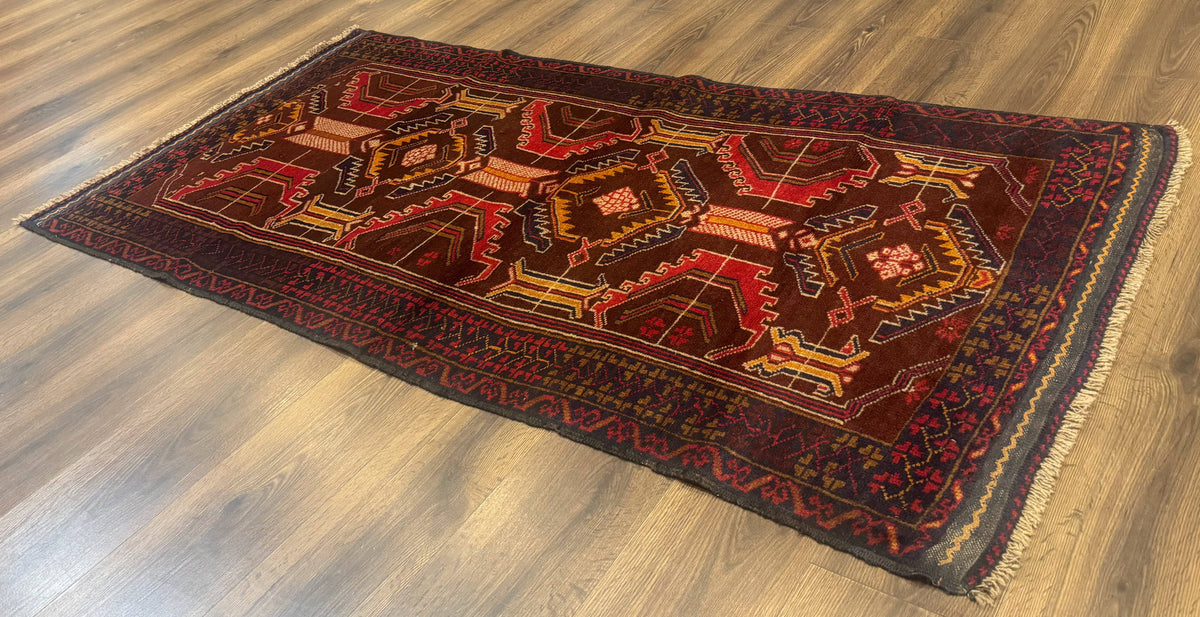 Afghan Rug 3x7, Maroon and Navy Blue, Balouch Carpet, Tribal Rug, New - Jewel Rugs, view 13