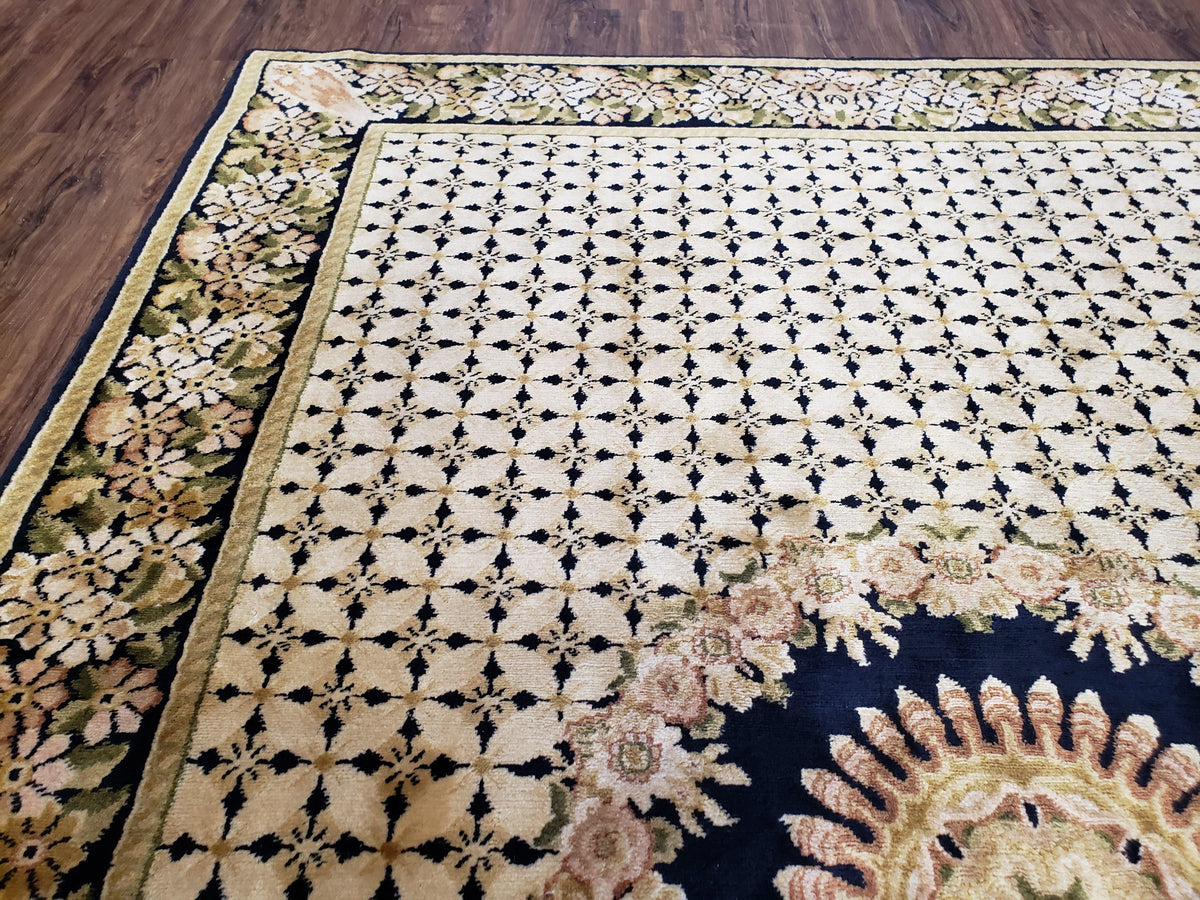 Indian Rug with Tibetan Weave, 6x8 - 6x9 Rugs, Indo-Tibetan Rug, Black and Cream Beige Tan, Floral Border, Soft Rug, Handmade Area Rug, Wool - Jewel Rugs, view 7