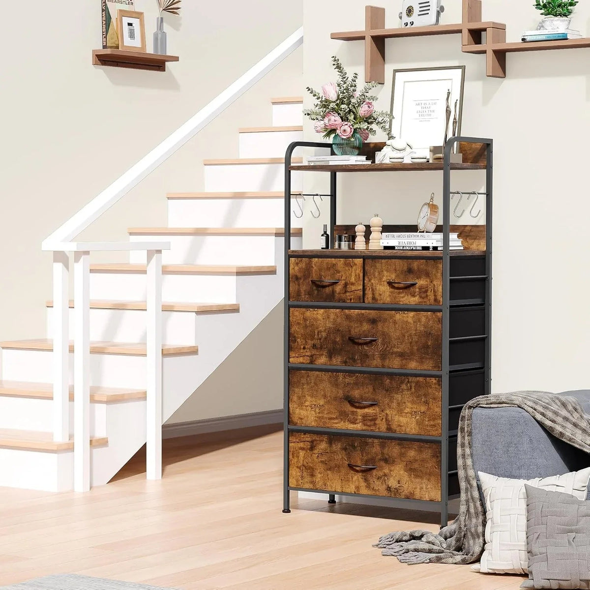 5-Drawer Vertical Dresser with Spacious Storage - No Assembly Required Modern Fabric Tower Organizer Unit, Space-Saving Compact Design with Sturdy Frame for Bedroom, Hallway, Living Room - Ideal for Small Spaces, 27-Inch Heig