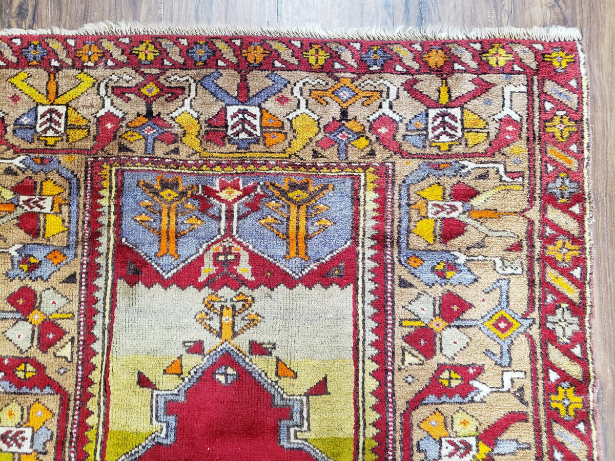 Antique Turkish Prayer Rug 3.8 x 5ft, Colorful Prayer Rug, Red Blue Gold Multicolor Turkish Anatolian Carpet, Handmade Hand-Knotted, Wool - Jewel Rugs, view 8
