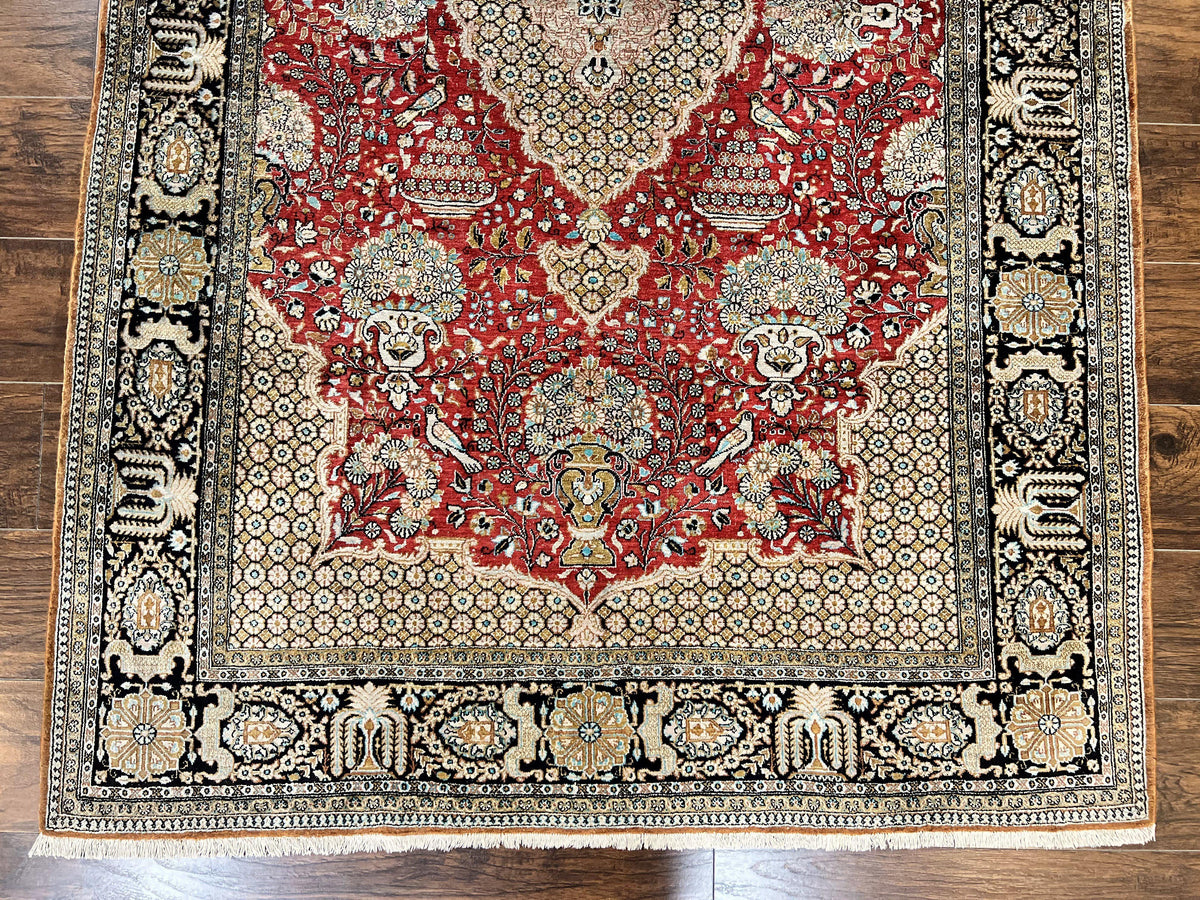 Wonderful Persian Silk Rug 5x7, Birds Floral Vases, Red, Hand Knotted Silk Fine Oriental Carpet, Handmade Vintage, Persian Qum Rug, 400 KPSI - Jewel Rugs, view 5