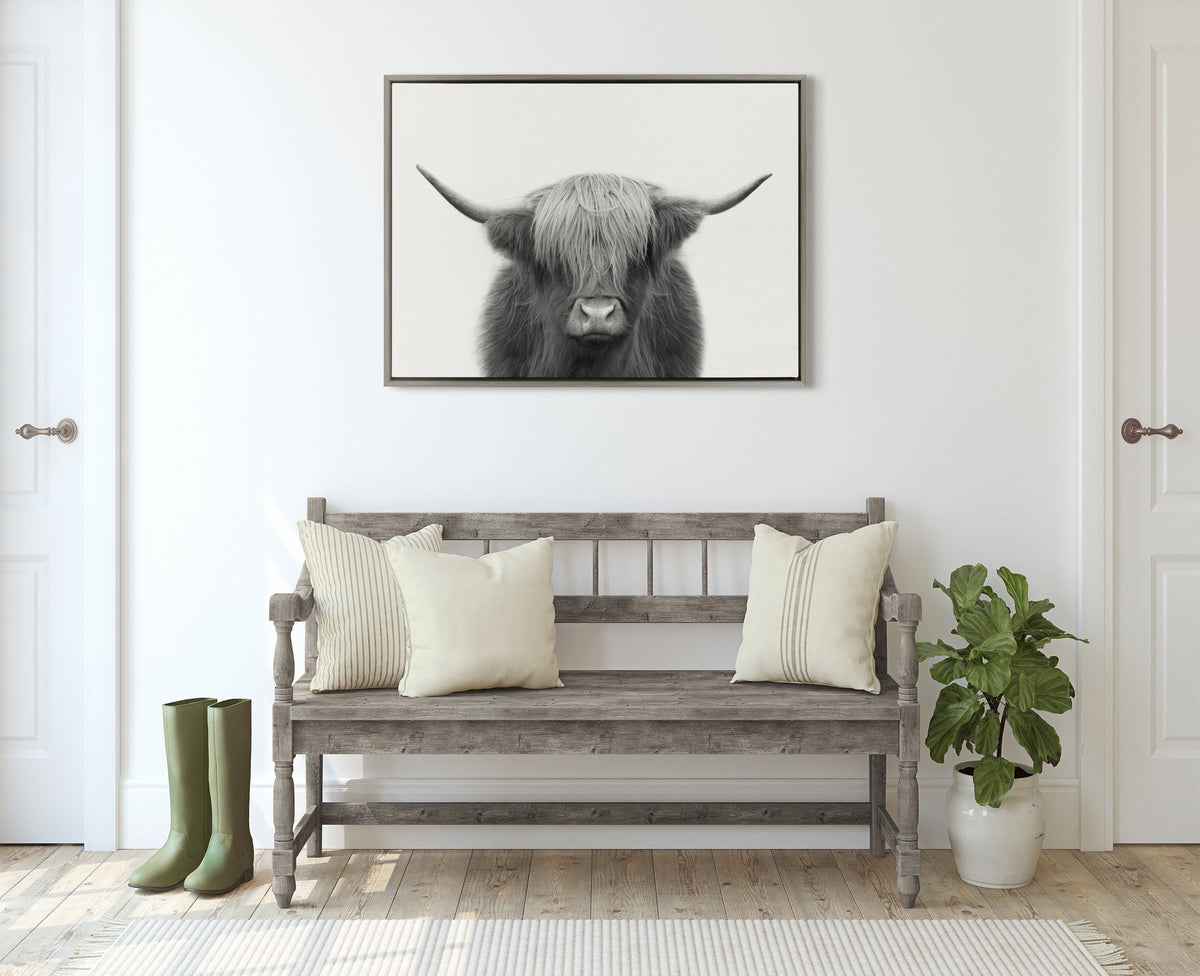 Sylvie Hey Dude Highland Cow Framed Linen Canvas by The Creative Bunch Studio