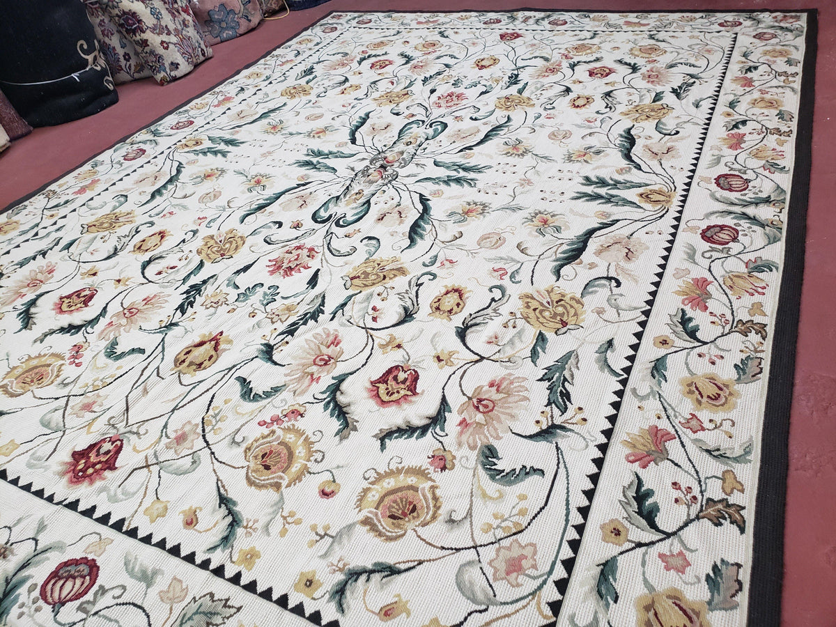 New Needlepoint Rug 9x12, Hand Woven Wool Area Rug, Flatweave Carpet, Handmade Chinese Needlepoint, Floral European Design, Ivory Background - Jewel Rugs, view 3
