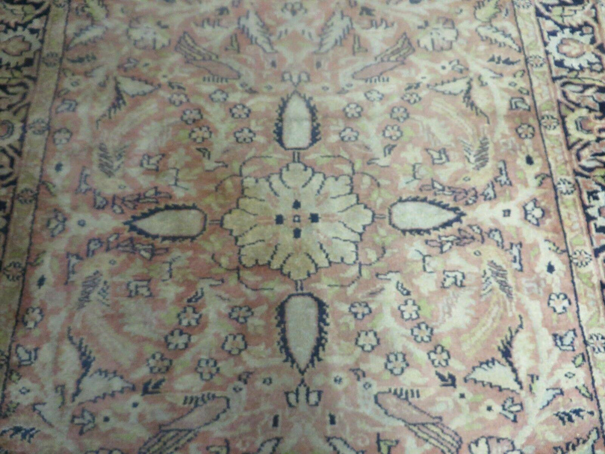 Indian Silk Rug 4x6, Indian Kashmiri Silk Carpet 4 x 6 ft, Vintage Hand Knotted Floral Bird Motifs, Light Pink and Navy Blue, Silk on Cotton - Jewel Rugs, view 5
