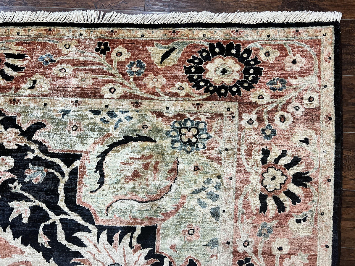 Pak Persian Rug 8x10, Pakistani Mahal Sultanabad Carpet, Signature from Master Weaver, Shiny Wool, Black Red Vintage Handmade Medallion Rug - Jewel Rugs, view 8