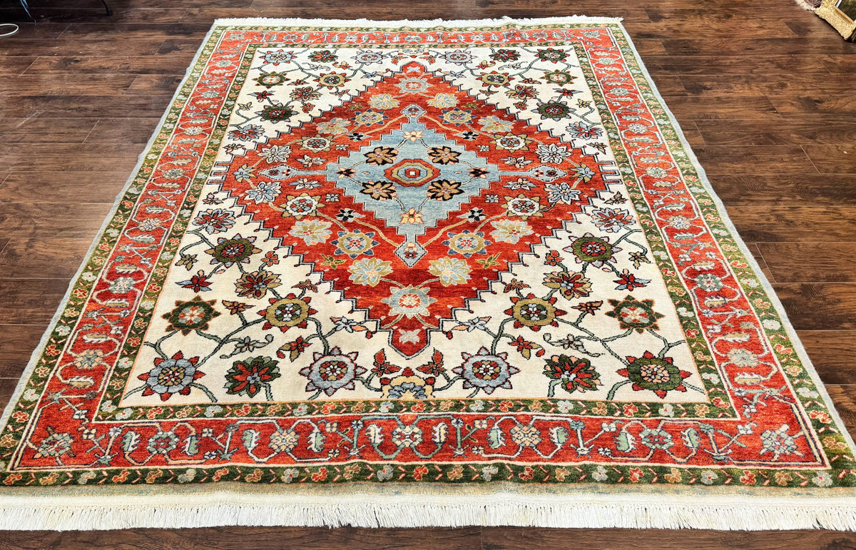 Indo Persian Heriz Rug 7x9, Geometric Pattern, Cream & Light Red, Handmade Vintage Wool Carpet - Jewel Rugs, view 2